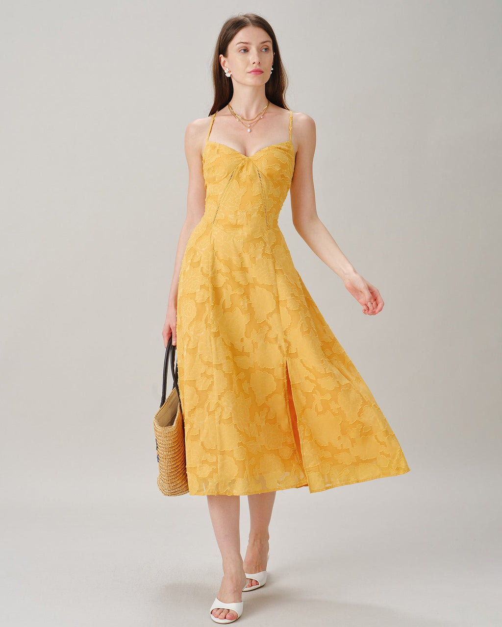 Gul X Cross Jacquard Slip Midi Klänning