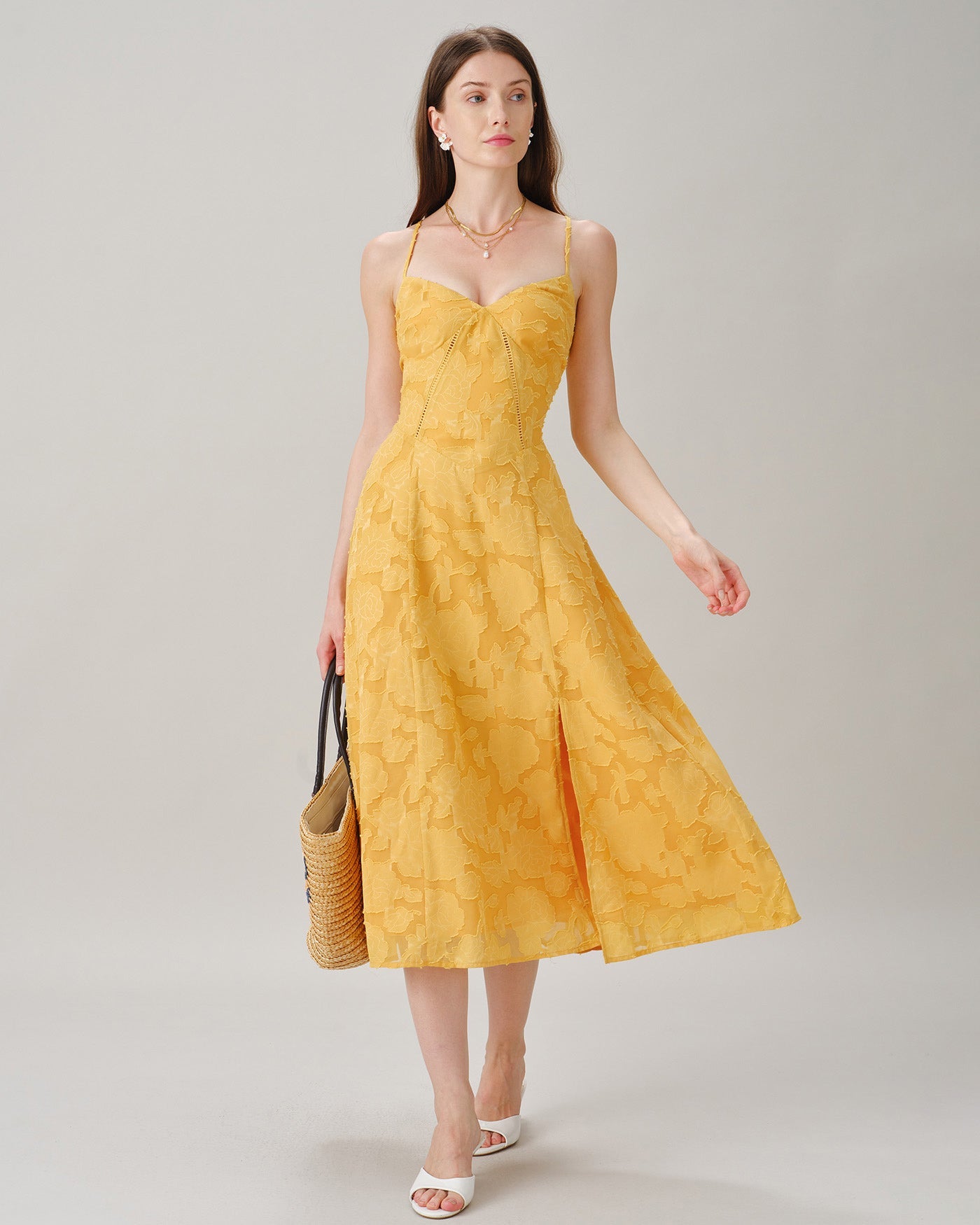 Gul X Cross Jacquard Slip Midi Klänning