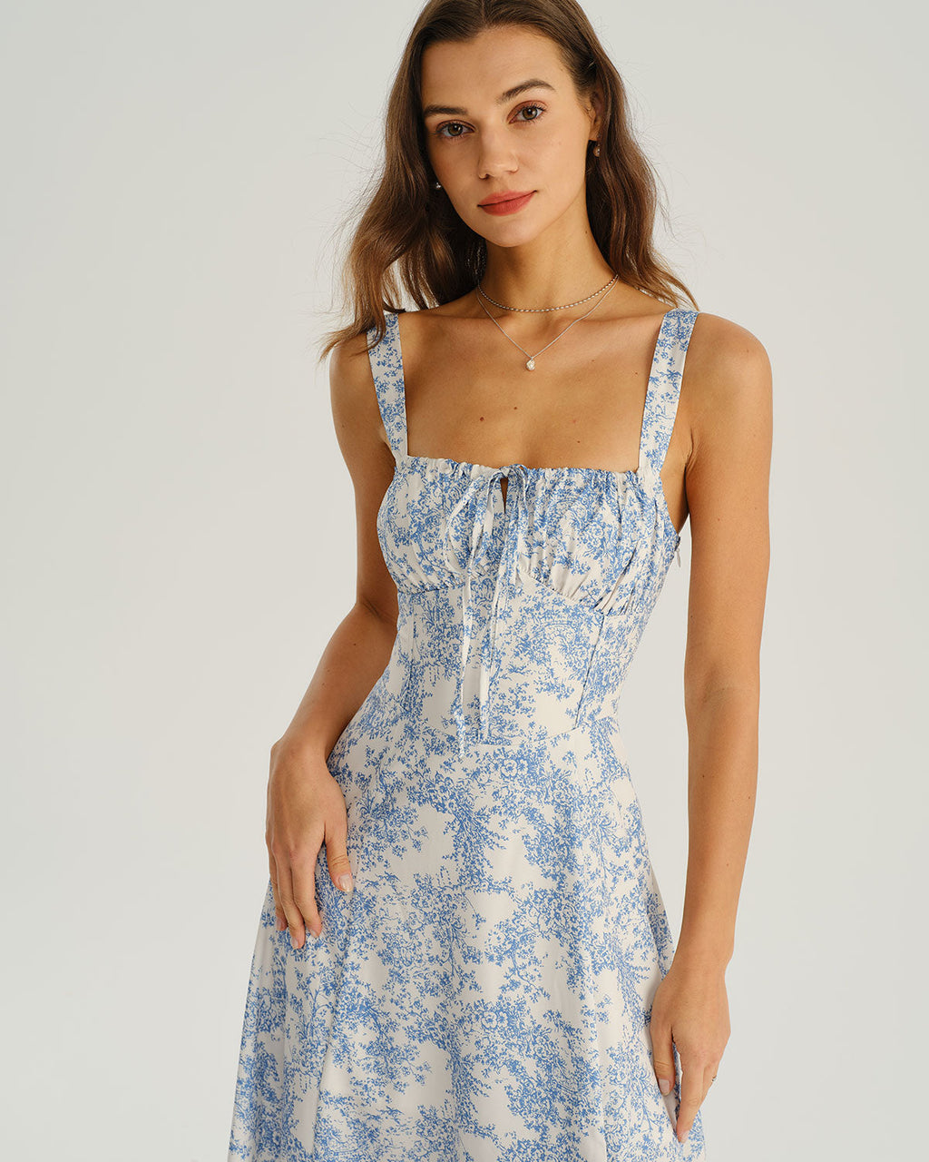 Blå Blommig Rynkad Slip Midi Klänning