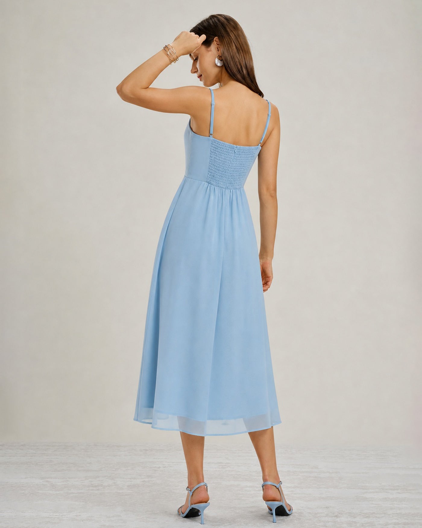 Blå Fyrkantig Halsringning Slits Chiffon Midi Klänning