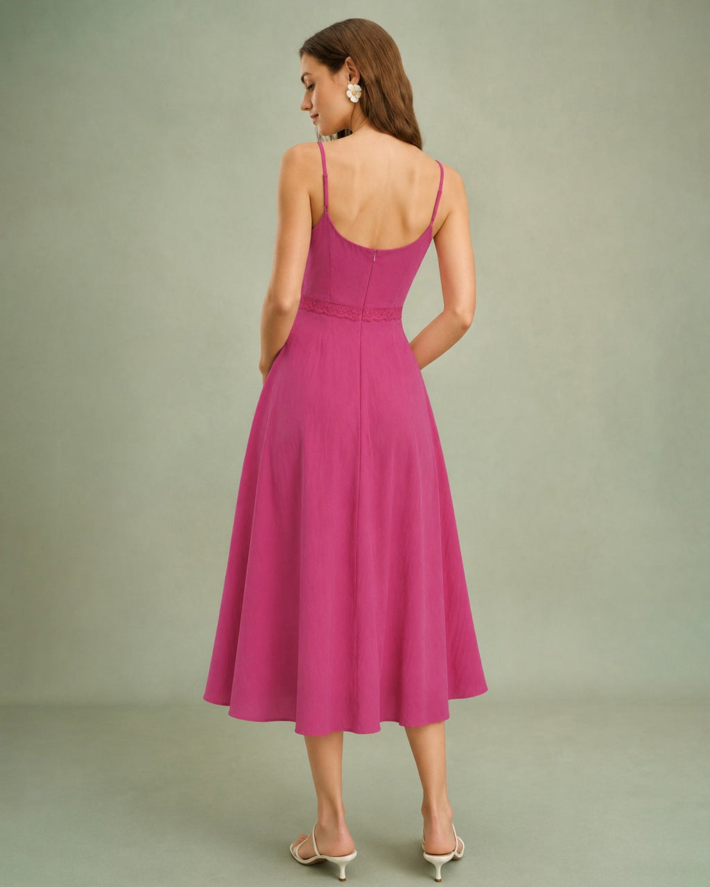 Rosa Spetsfickor Slip Midi Klänning