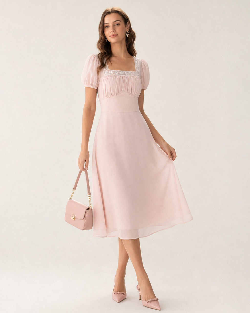 Rosa Fyrkantig Halsringning Spets Chiffon Midi Klänning