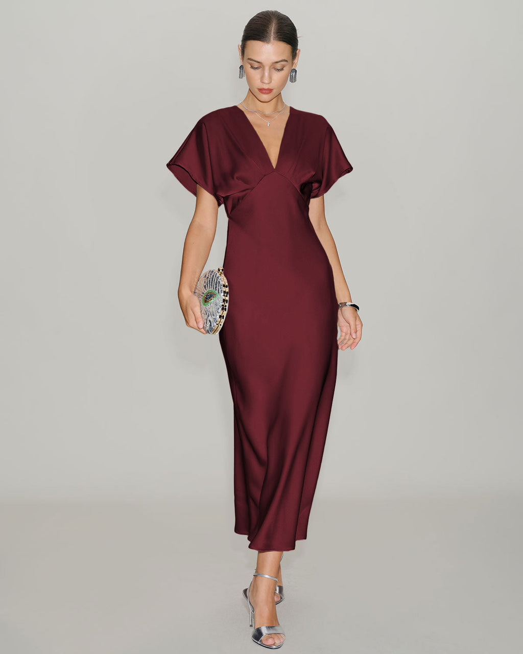 Vinröd Satin Cowl Sleeve Midi Klänning