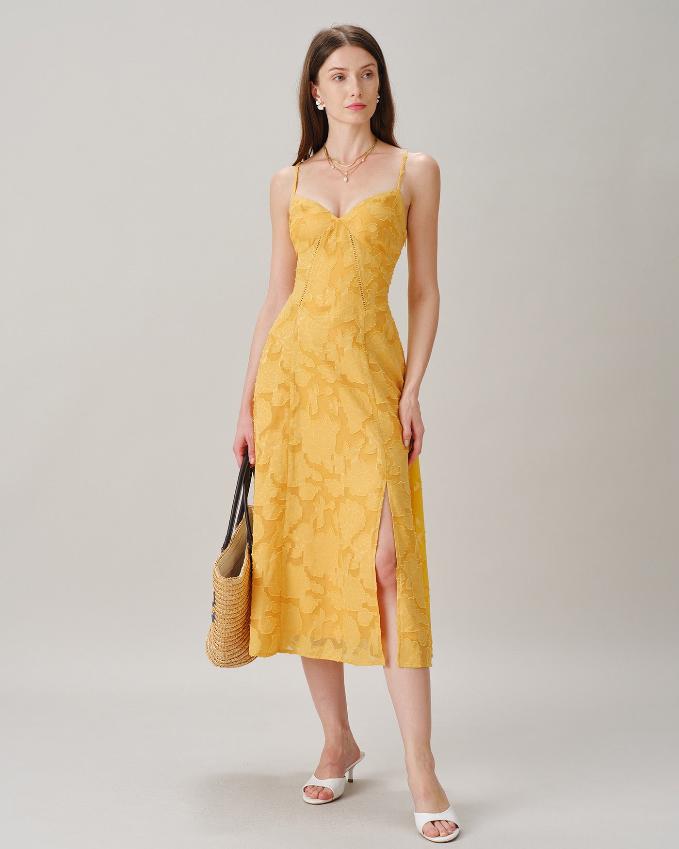 Gul X Cross Jacquard Slip Midi Klänning