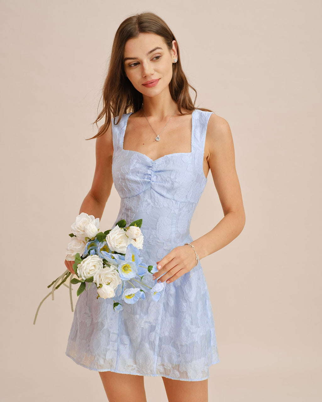 Blå Sweetheart Hals Jacquard Mini Klänning
