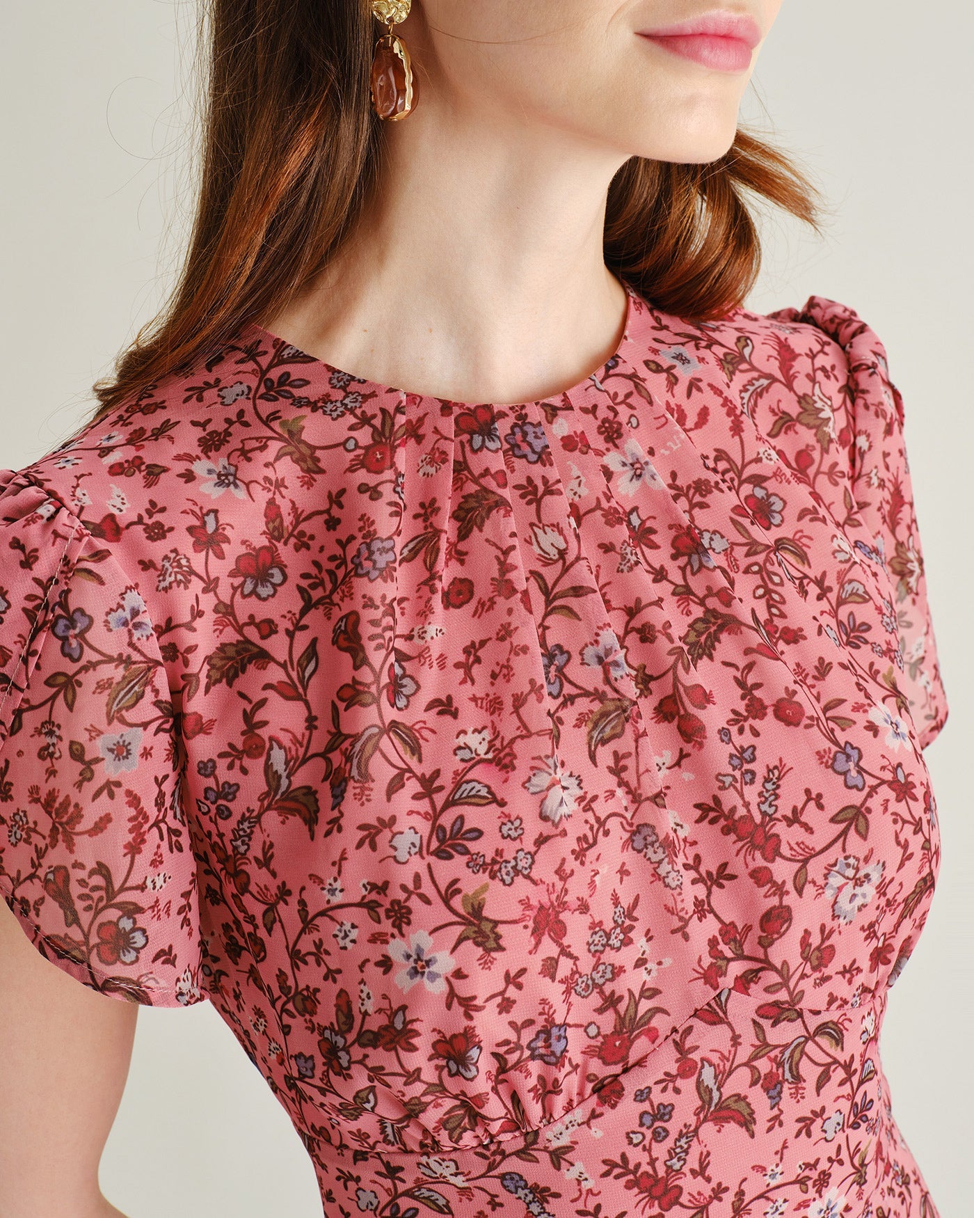Rosa Blommig Volang Chiffon Mini Klänning