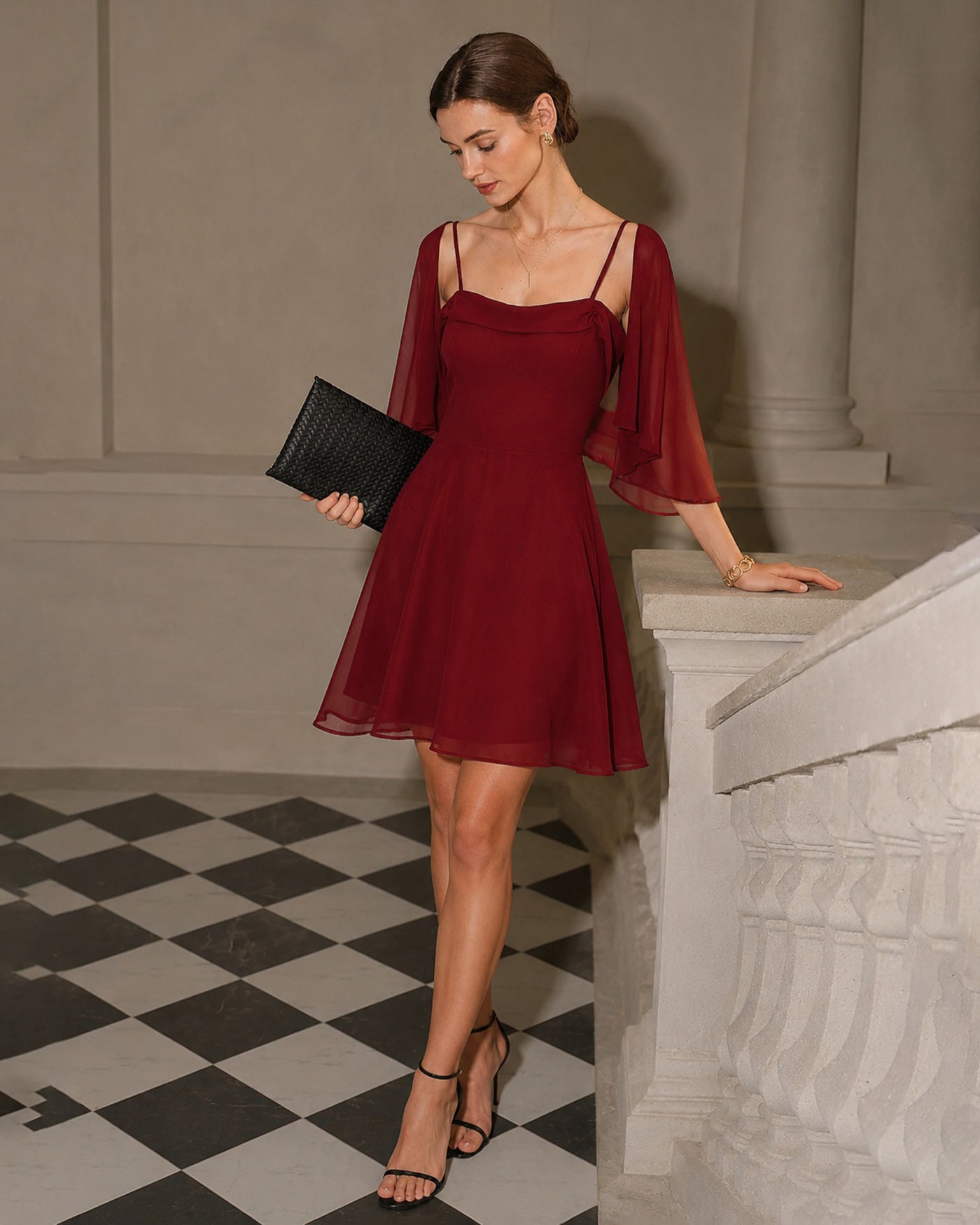 Röd Rynkad Chiffon Mini Klänning