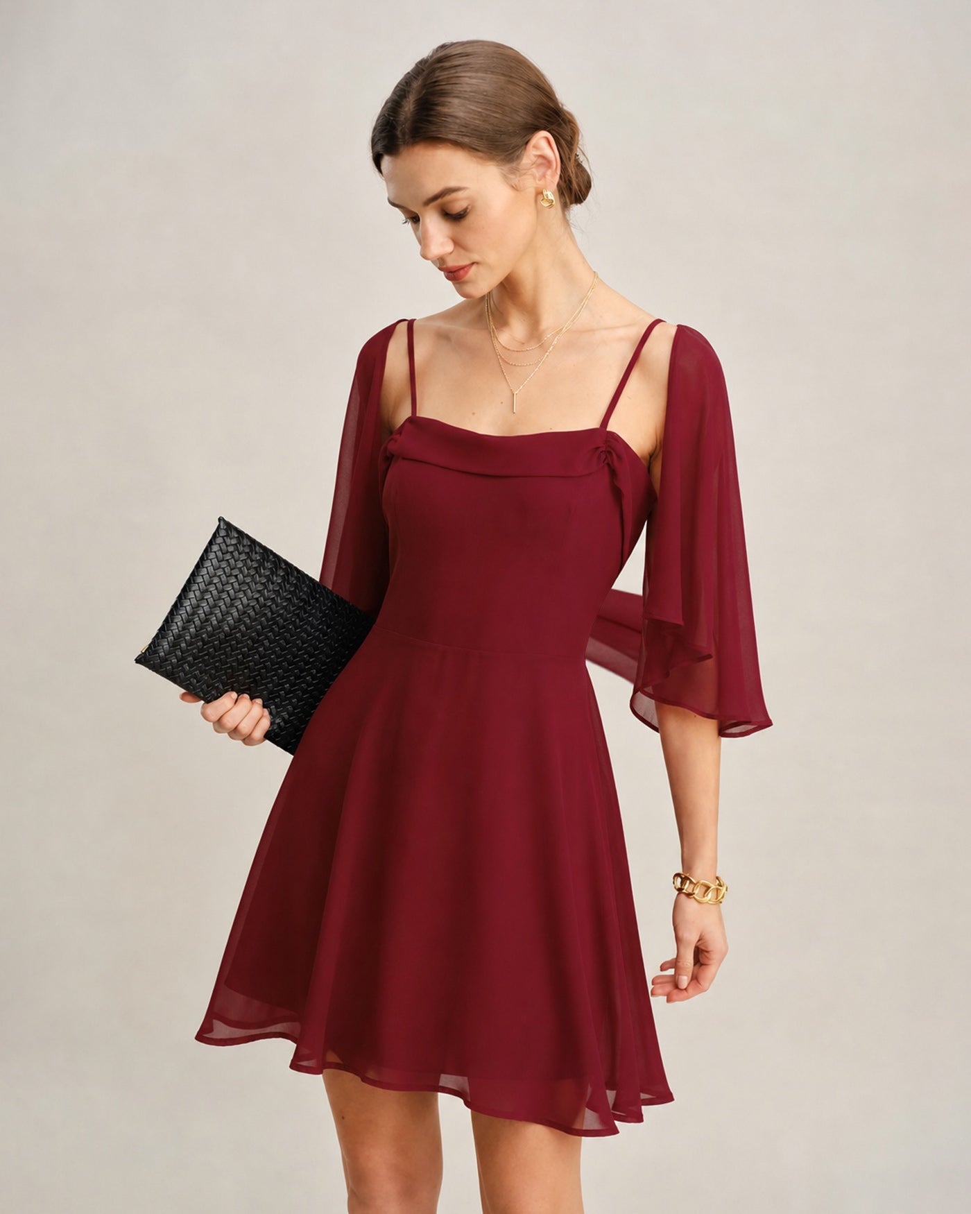 Röd Rynkad Chiffon Mini Klänning
