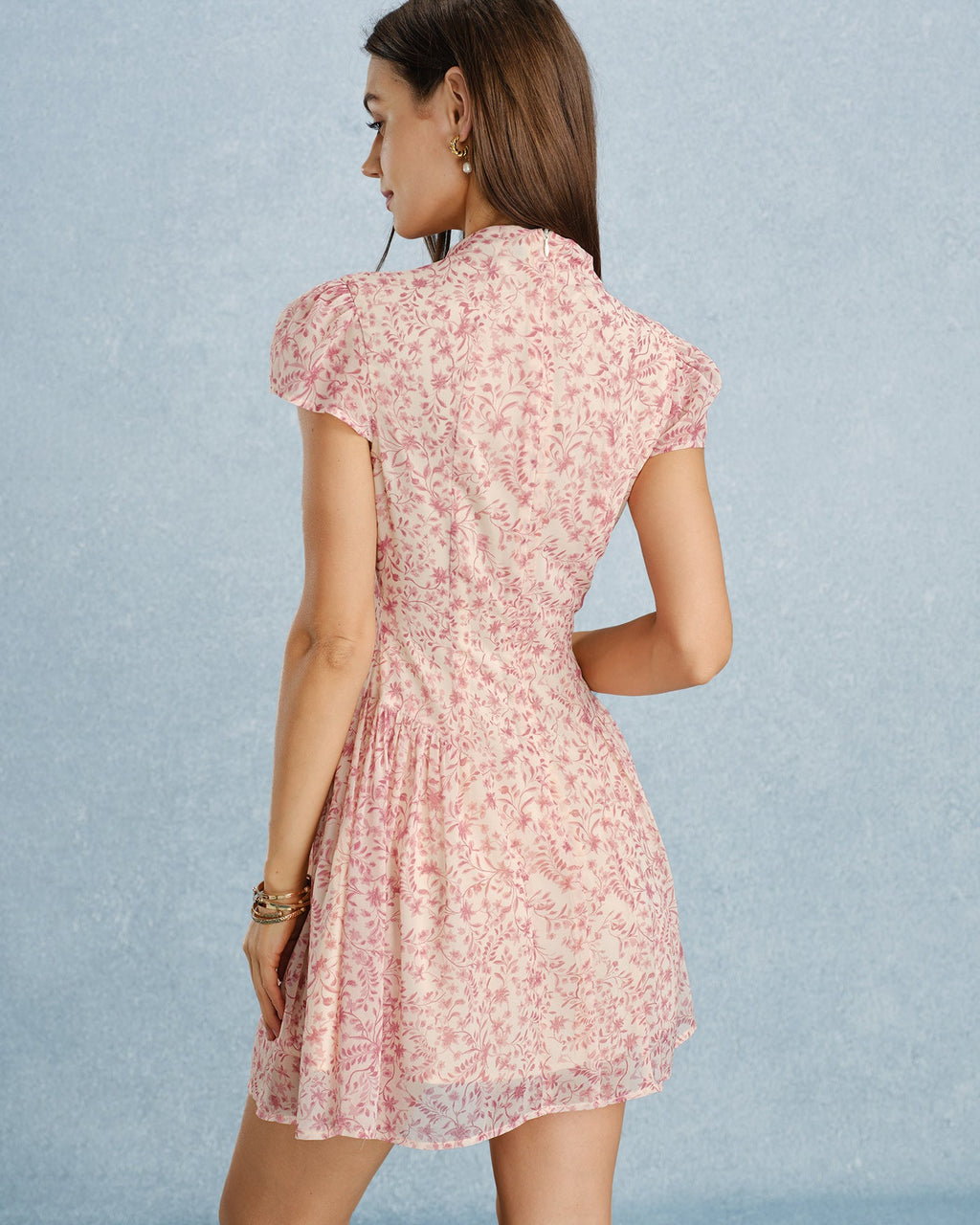 Rosa Mock Neck Blommig Chiffon Mini Klänning