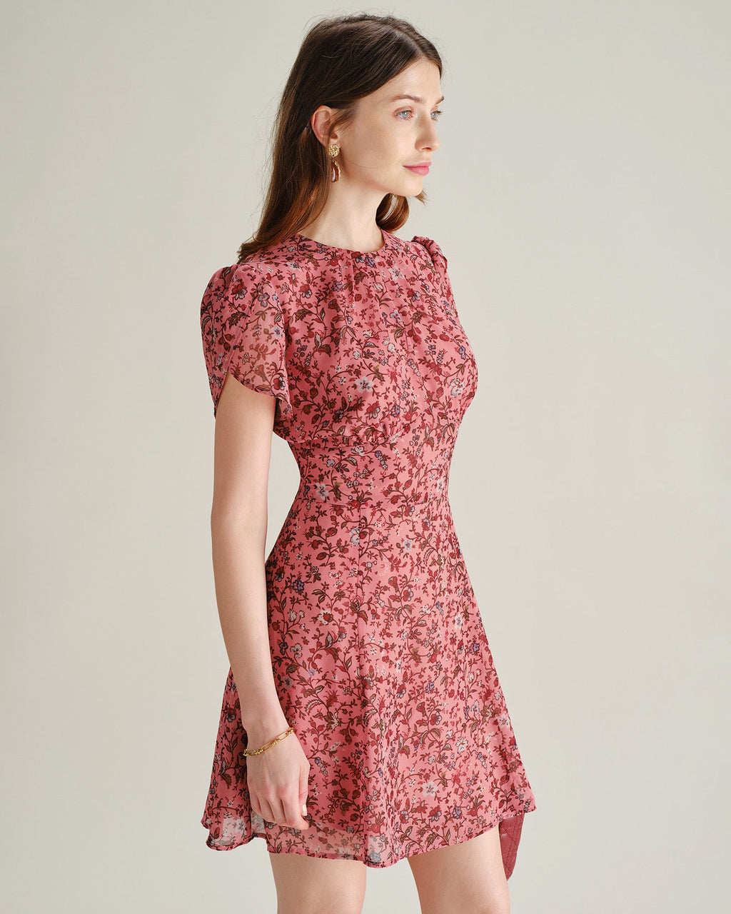 Rosa Blommig Volang Chiffon Mini Klänning