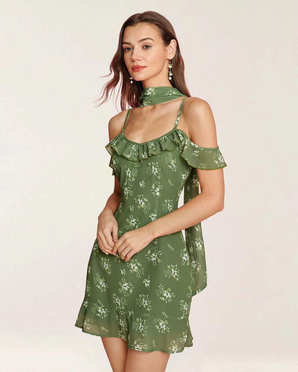 Grön Blommig Chiffon Slip Mini Klänning