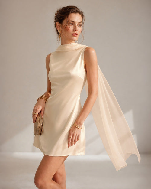 Aprikos Båt Nacke Knyt Satin Mini Klänning