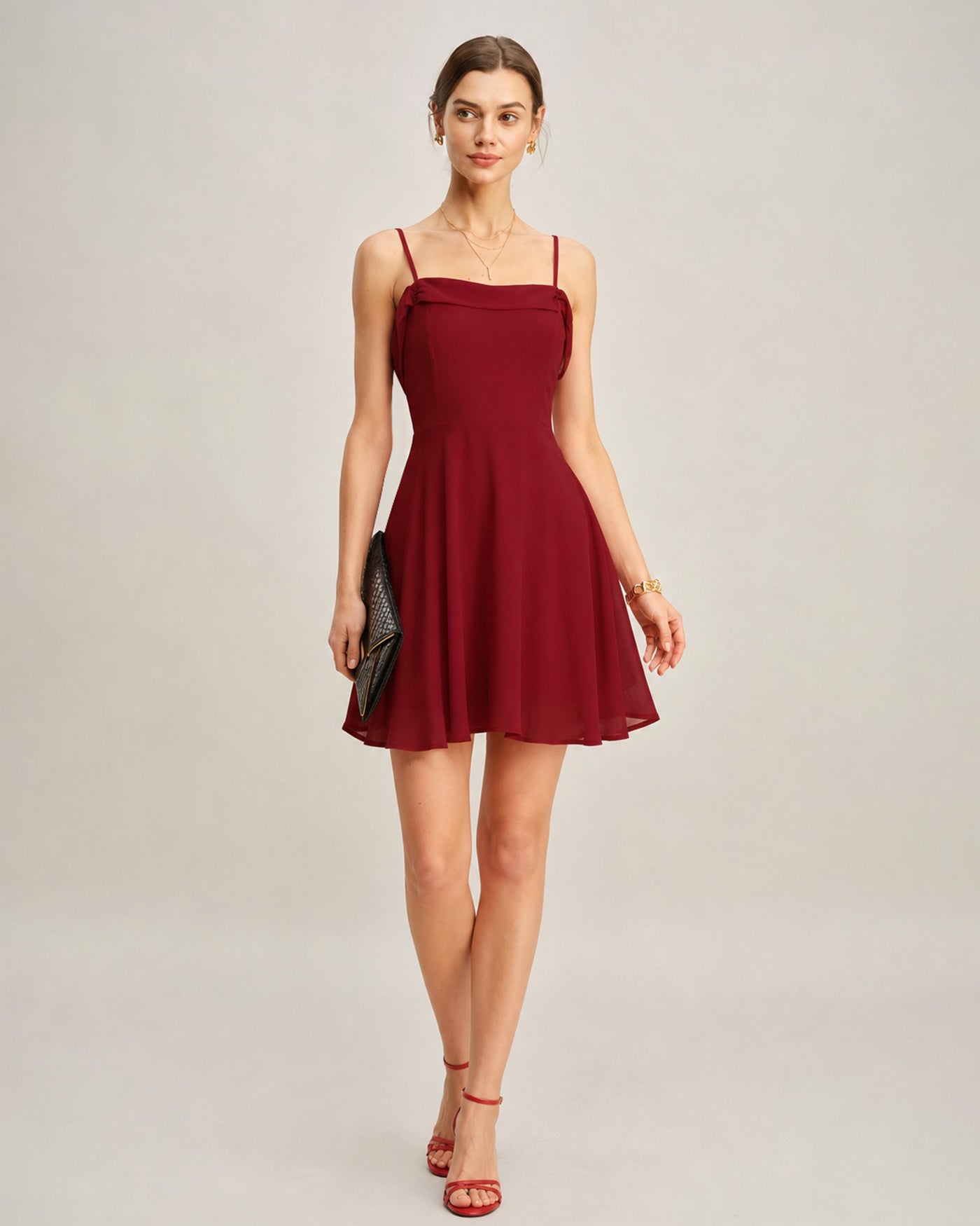 Röd Rynkad Chiffon Mini Klänning