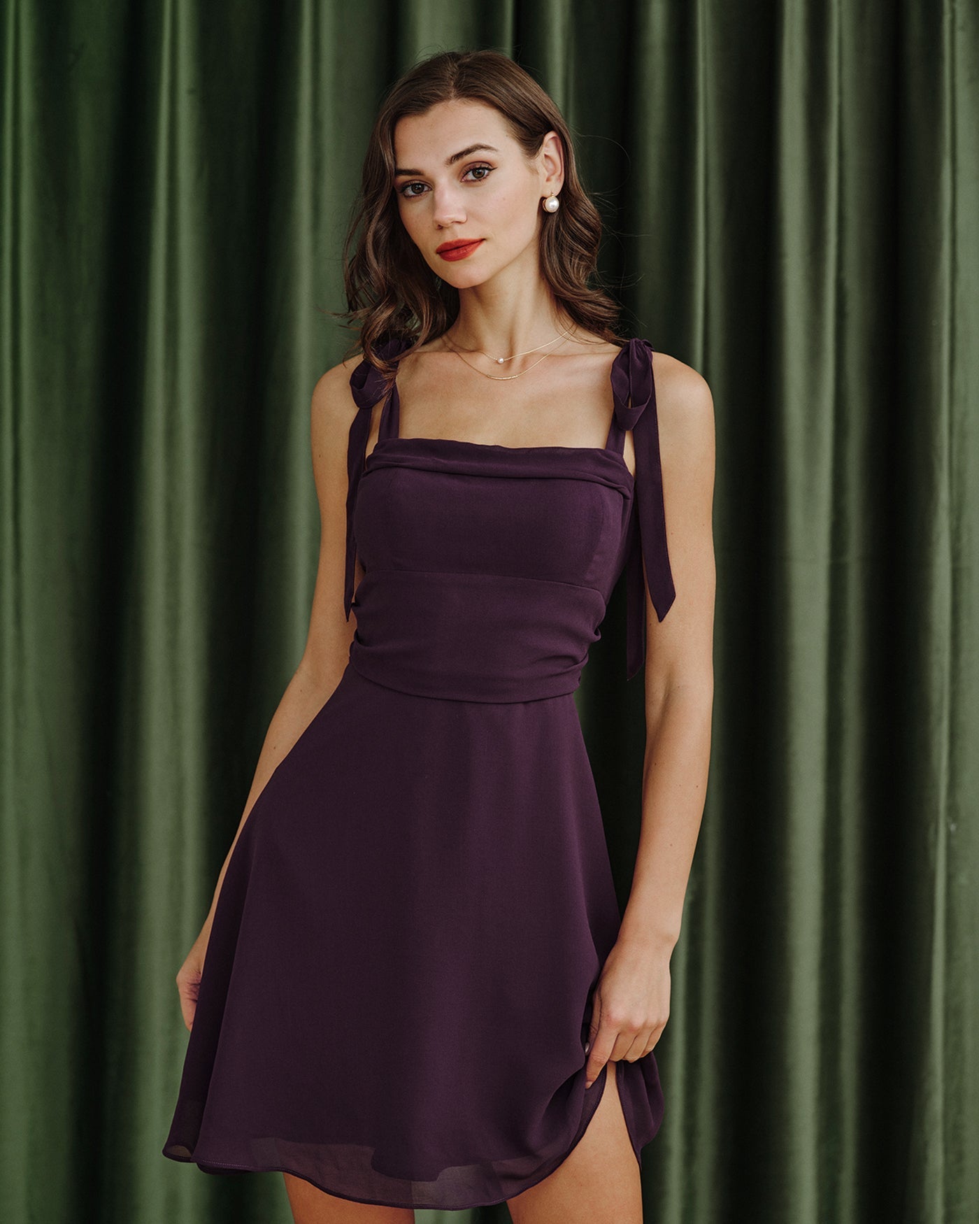 Lila Knytband Chiffon Mini Klänning