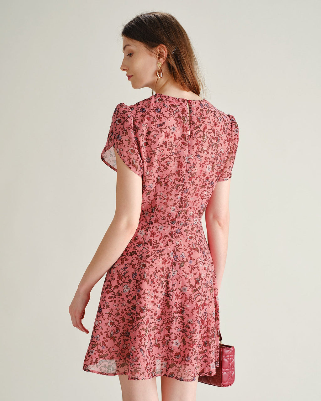 Rosa Blommig Volang Chiffon Mini Klänning