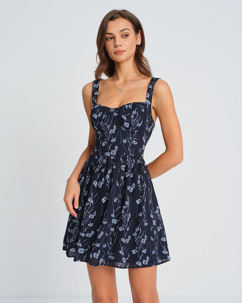 Marinblå Sweetheart Hals Floral Mini Klänning