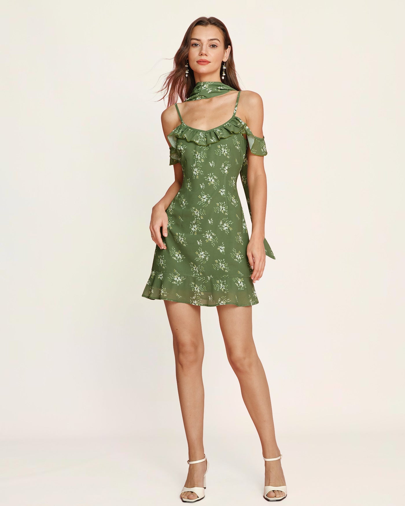 Grön Blommig Chiffon Slip Mini Klänning