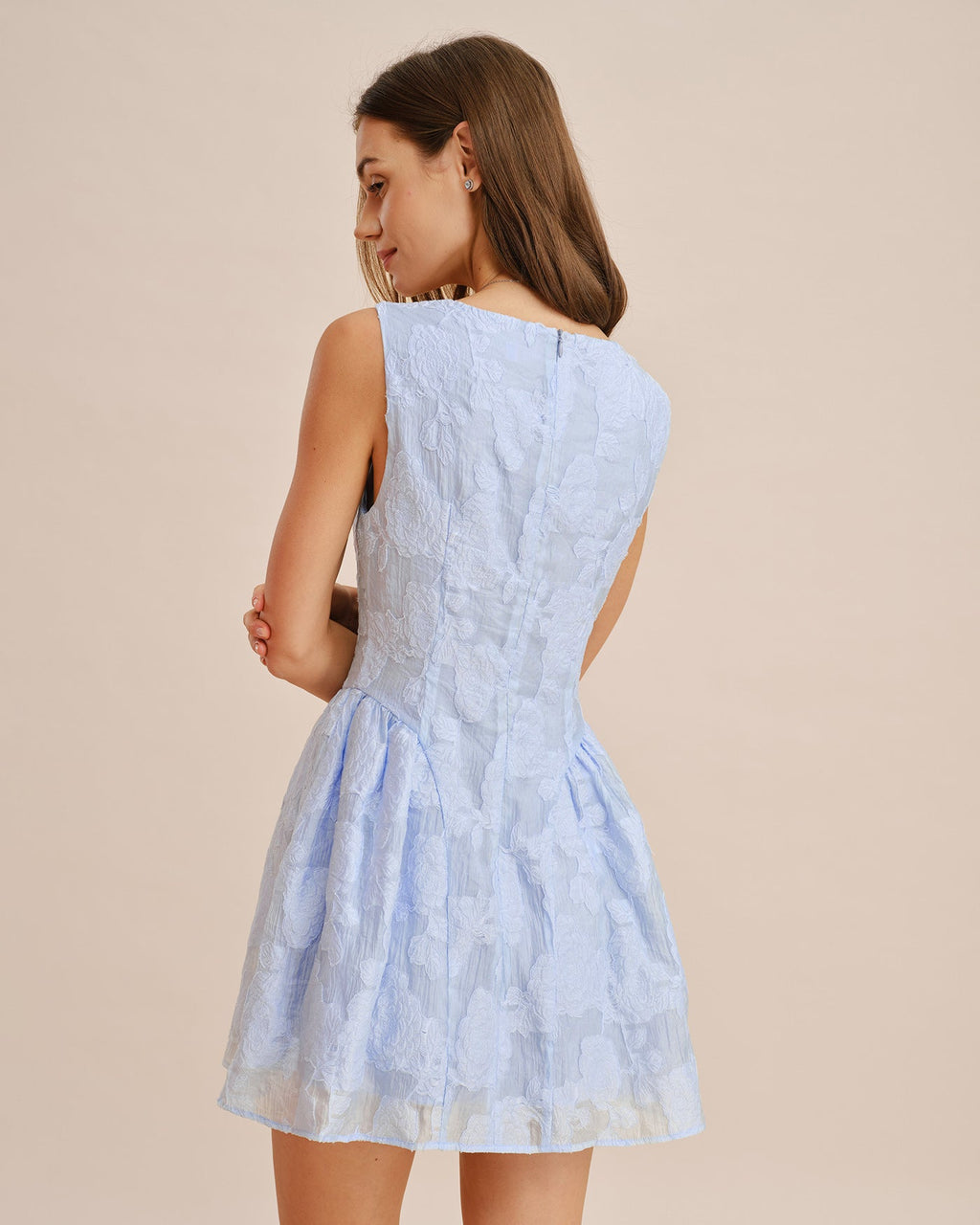 Blå Sweetheart Hals Jacquard Mini Klänning