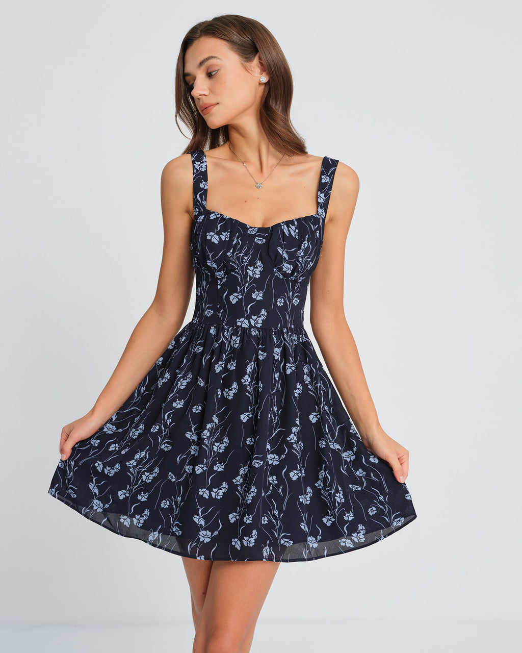 Marinblå Sweetheart Hals Floral Mini Klänning