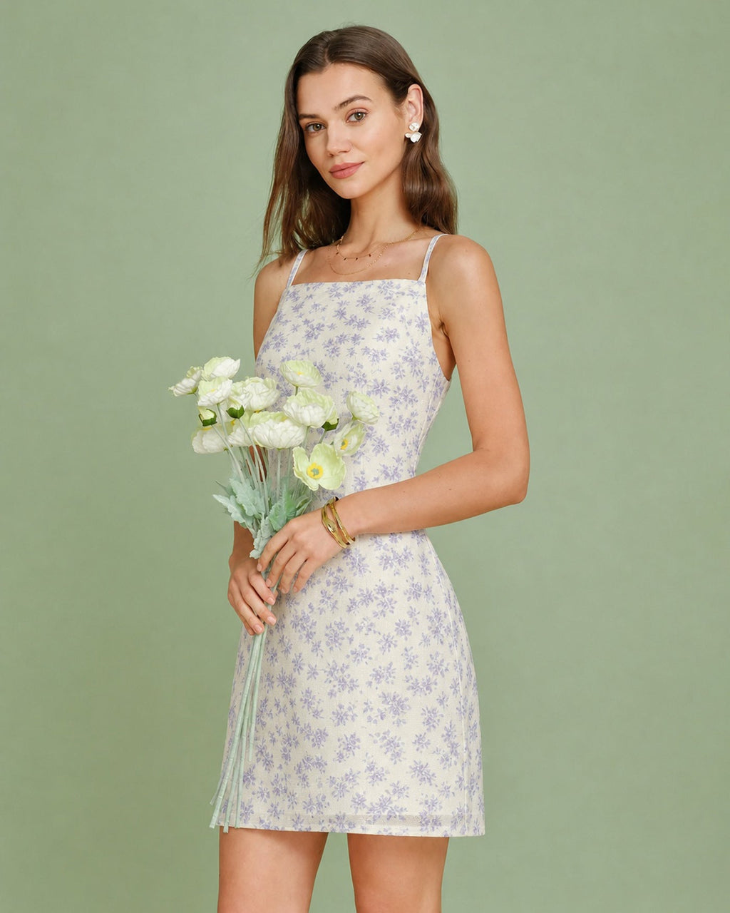 Lila Fyrkantig Halsringning Blommig Slip Mini Klänning