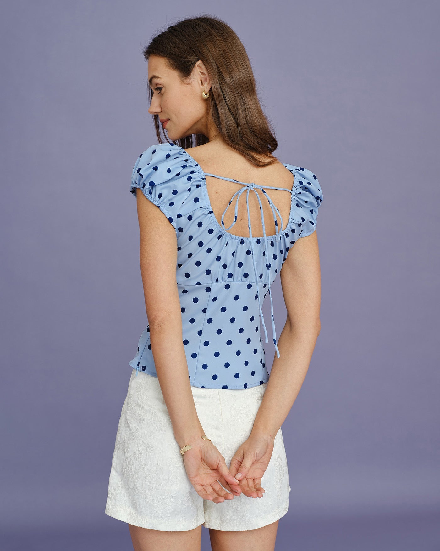 Blå U-hals Polka Dot T-shirt