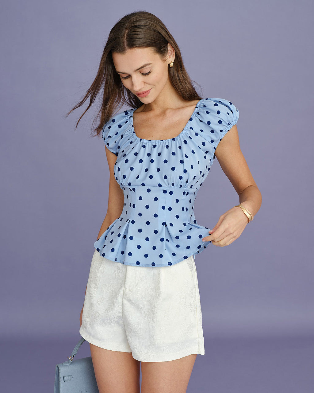 Blå U-hals Polka Dot T-shirt